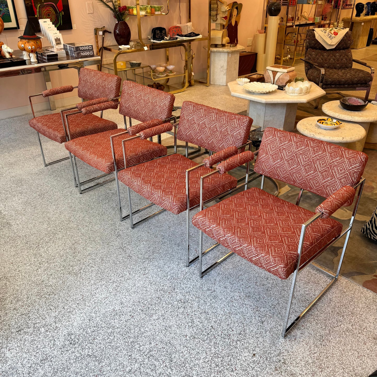 Vintage Set of 4 Milo Baughman '1188' Chrome and Orange Wool Dining Chairs