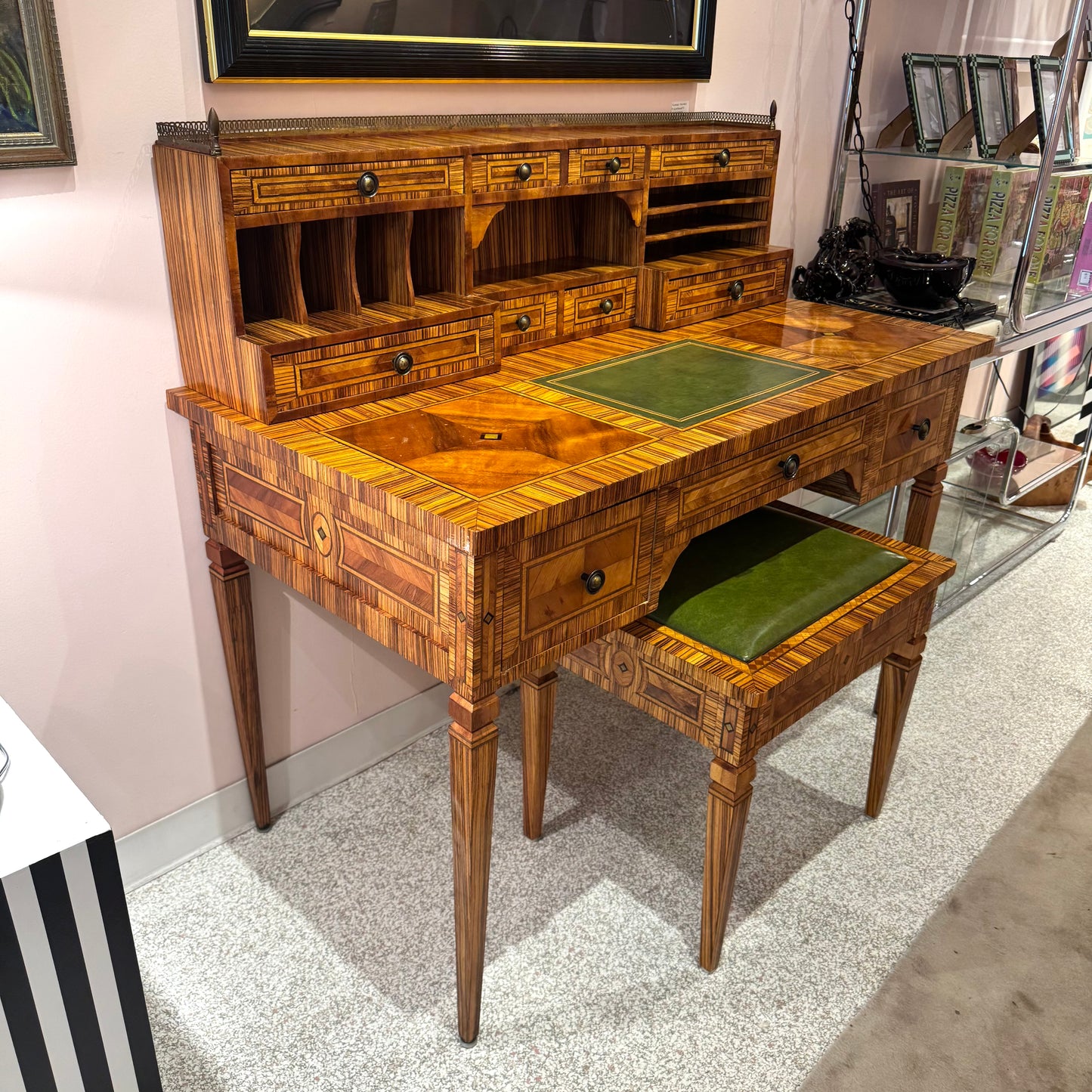Vintage Carlton House Style Marquetry Writing Desk and Stool