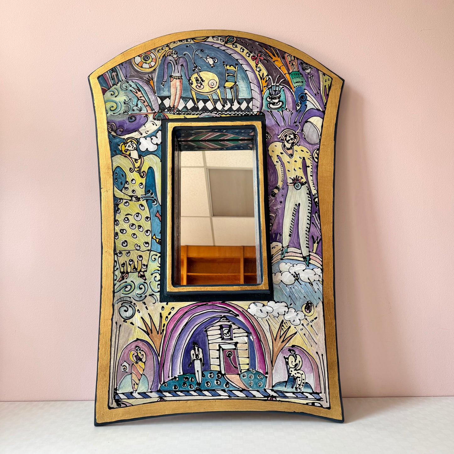 Vintage Hand Painted Whimsical Illustration Art Mirror