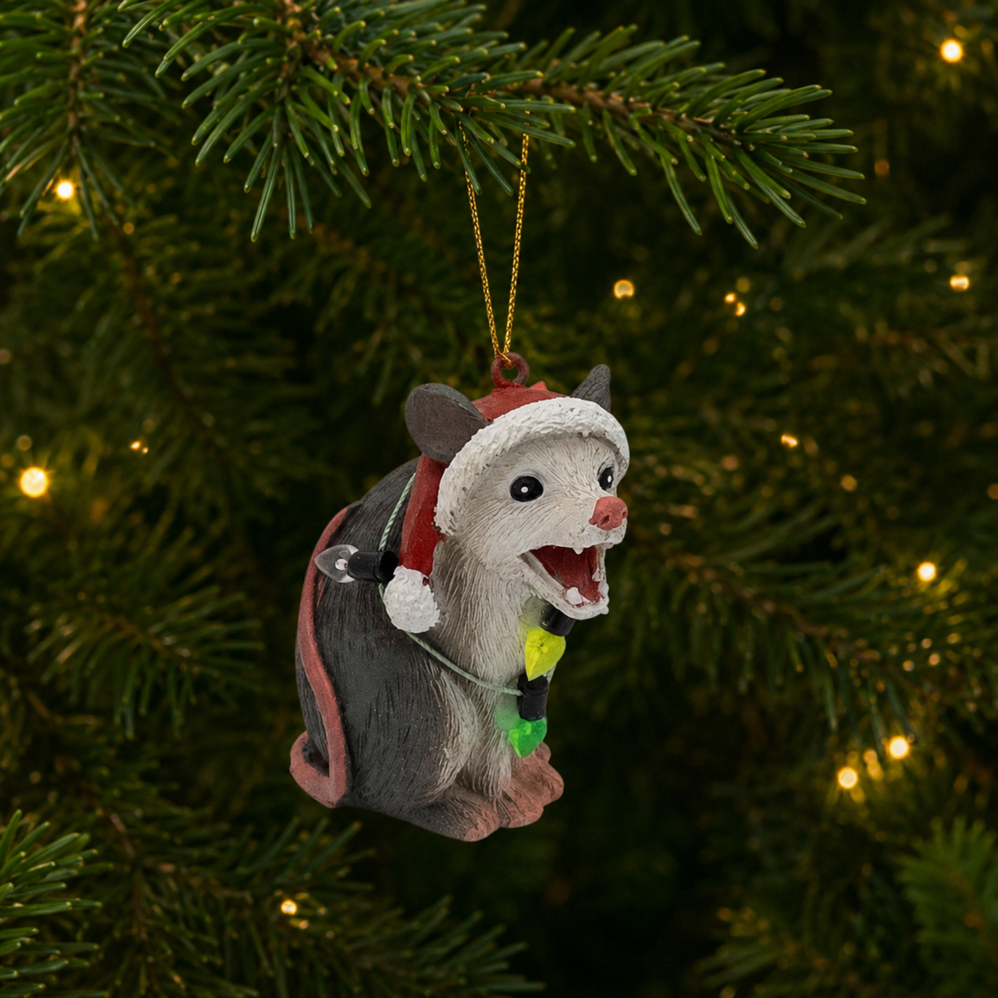 Screaming Opossum Wrapped in Lights Ornament
