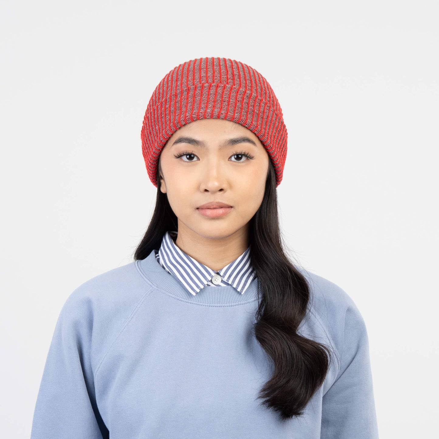 Simple Rib Knit Beanie: Red Grey