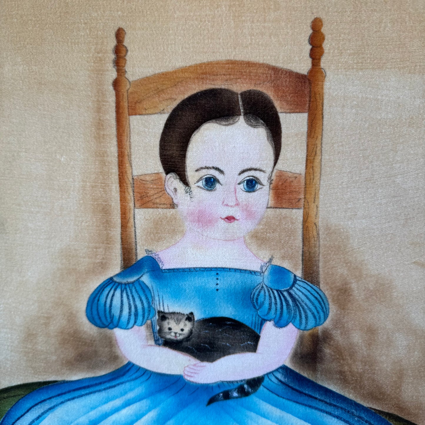 Vintage Girl with Cat Velvet Portrait - Signed and Dated