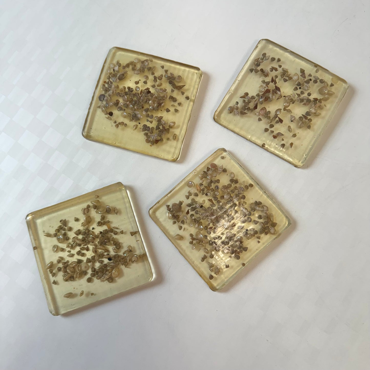 Vintage Set of 4 Shell Encrusted Lucite Coasters