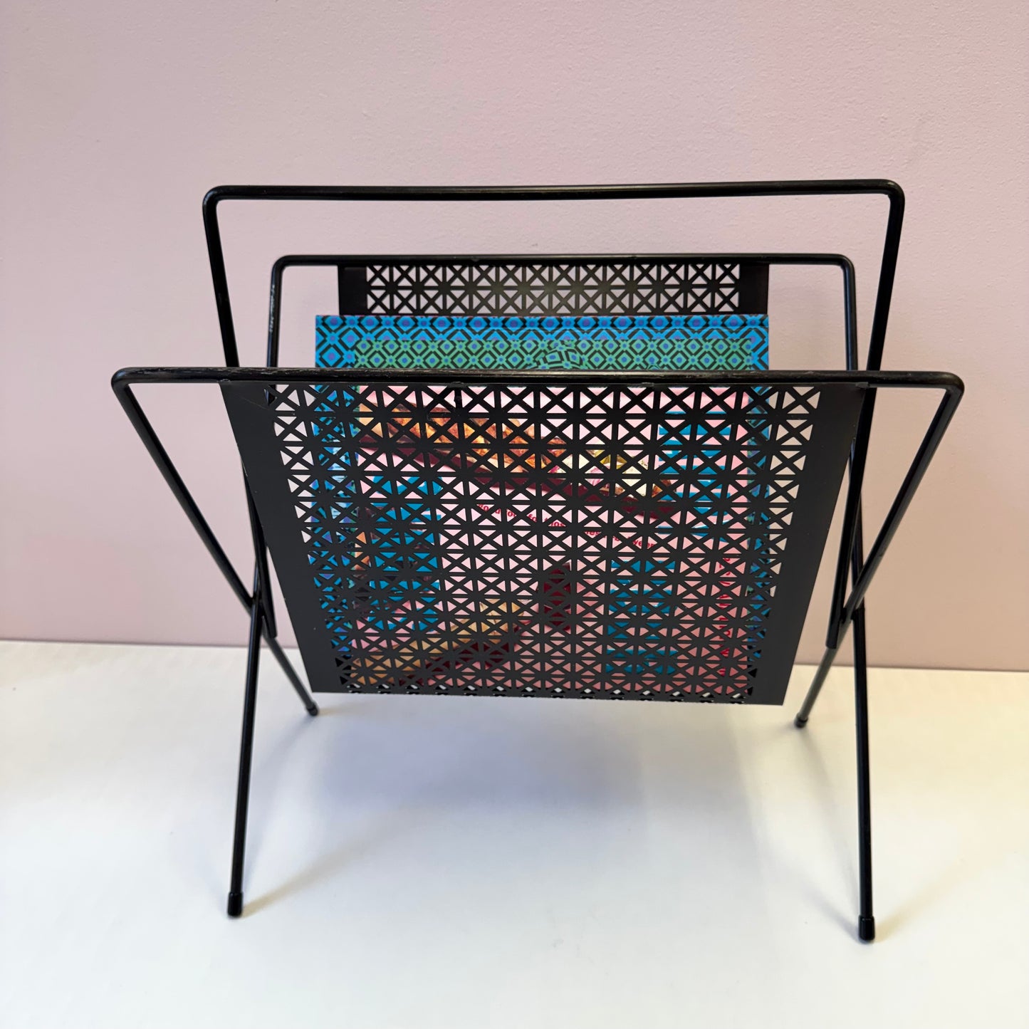 Vintage Mid Century Black Perforated Metal Magazine Rack