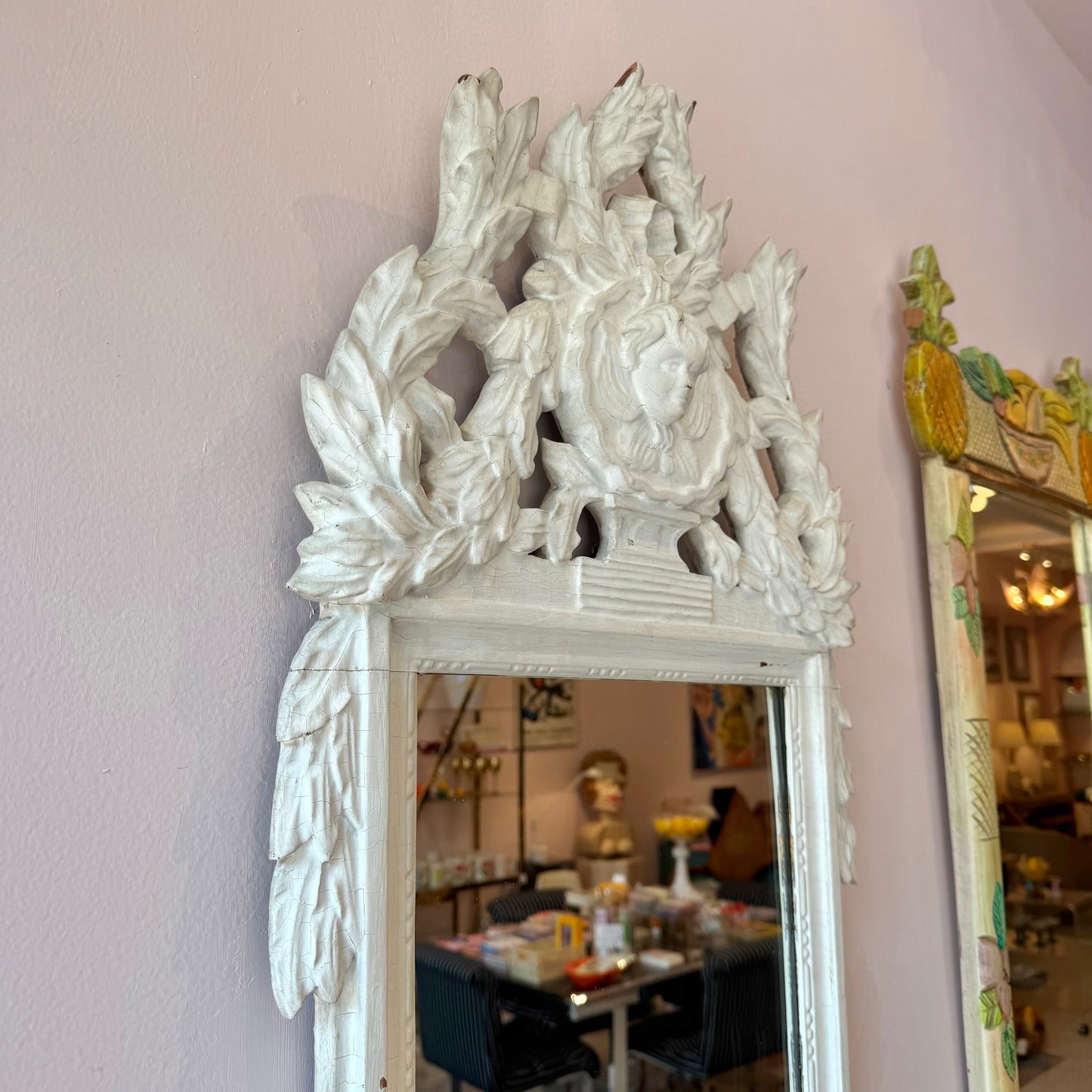 Vintage White Rococo Style Mirror with Carved Maiden Mask Crest