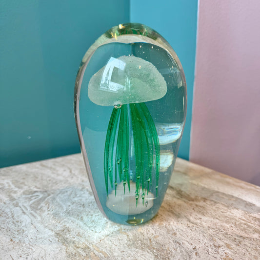 Vintage Green Glass Jellyfish Paperweight