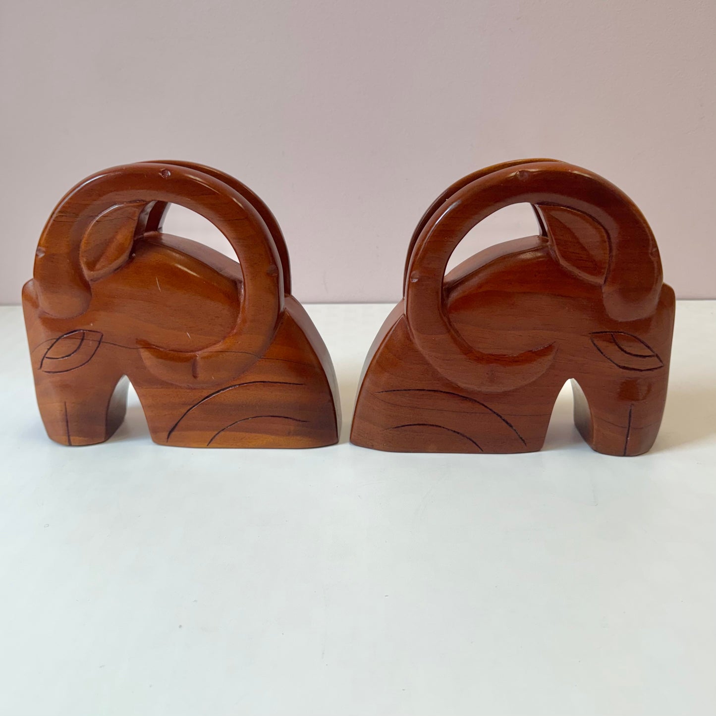 Vintage Mid-Century Pair of Solid Wood Ram Head Bookends