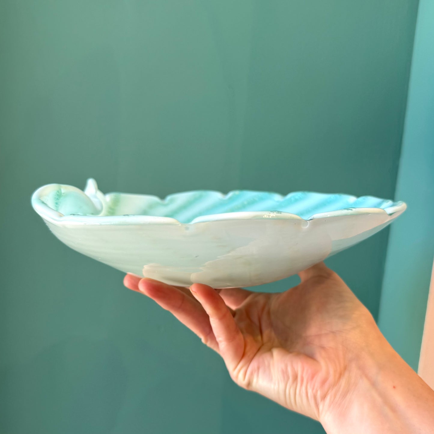 Vintage Murano Glass Large Aqua Green and Silver Leaf Bowl