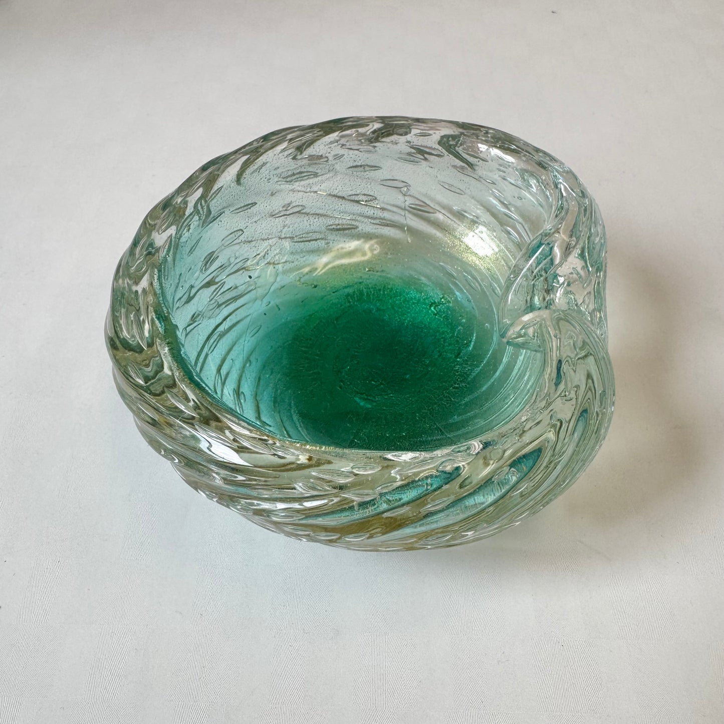 Chunky Vintage Aqua Green and Gold Leaf Murano Glass Ashtray/Bowl