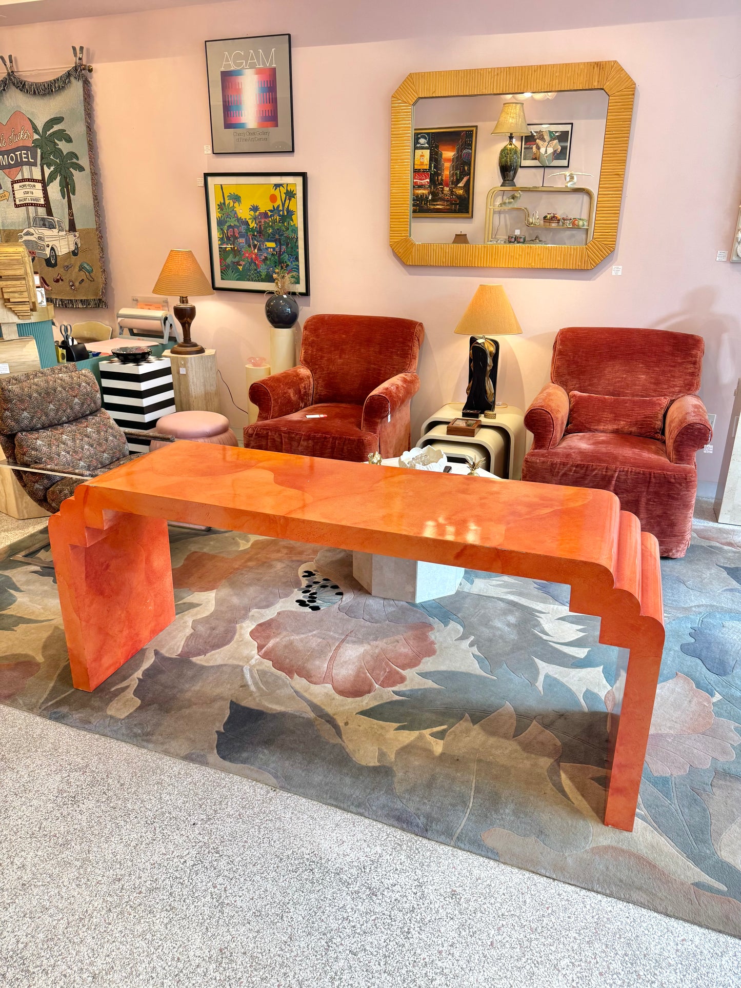 Vintage Postmodern Faux Goatskin Orange Lacquer Console Table