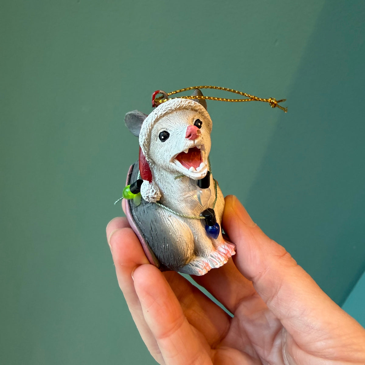 Screaming Opossum Wrapped in Lights Ornament