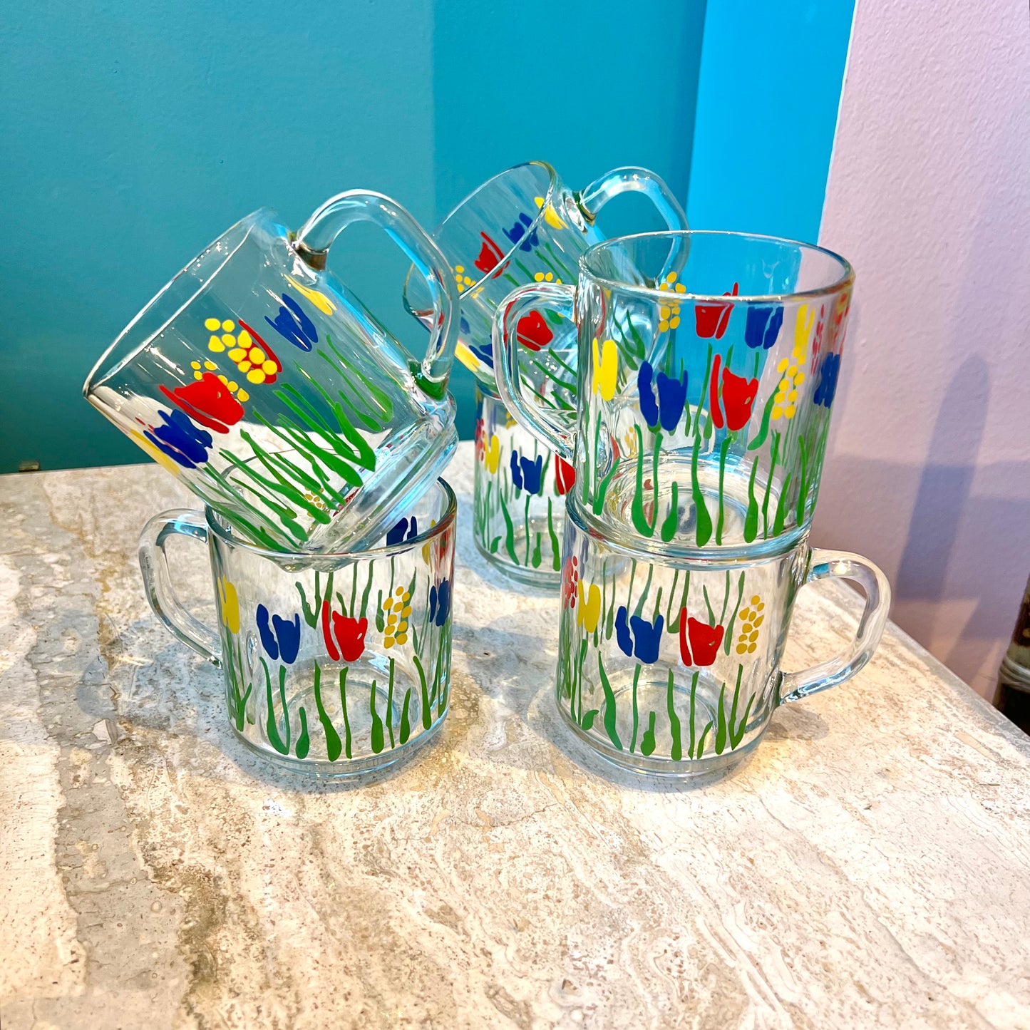 Vintage Set of 6 French Glass Tulip Mugs