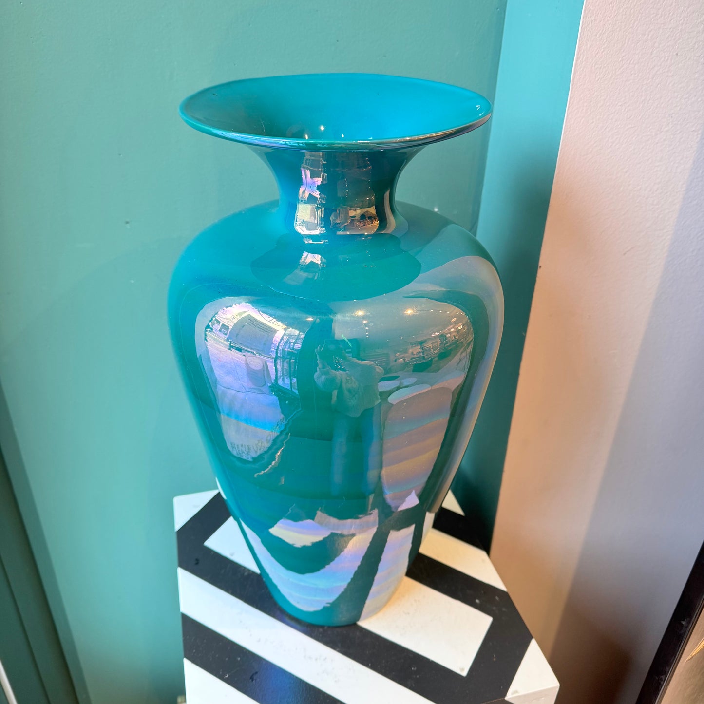 Vintage Large Teal Pearlescent Flower Vase