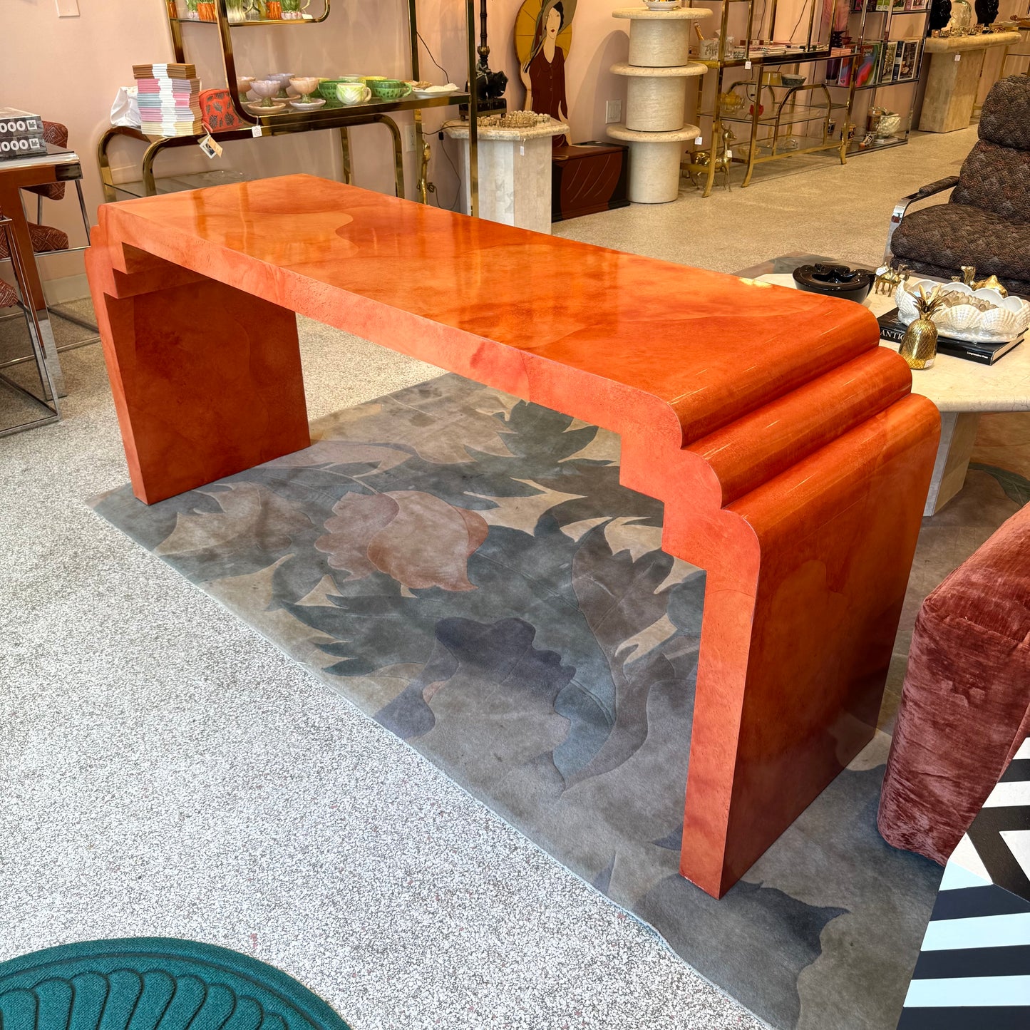 Vintage Postmodern Faux Goatskin Orange Lacquer Console Table