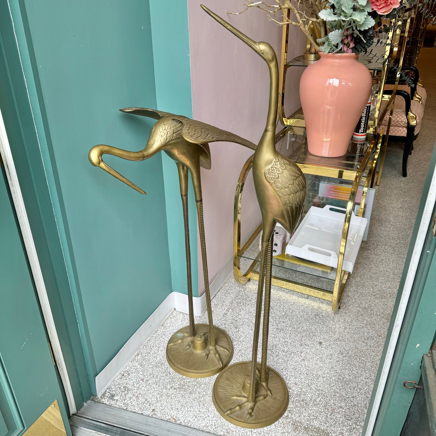 Pair of Extra Large Vintage Brass Crane Birds