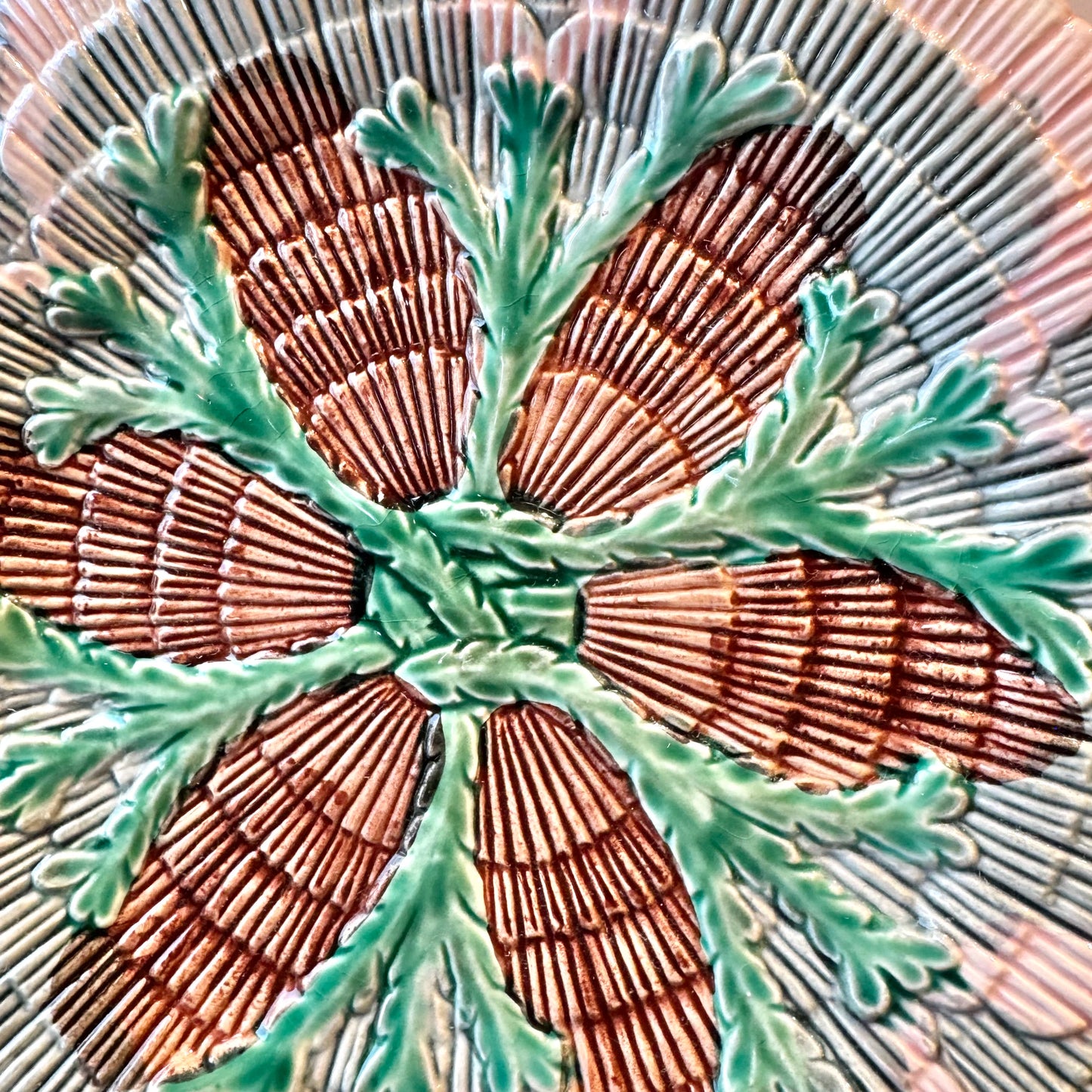 Antique Set of 4 Majolica Shell & Seaweed Appetizer Plates