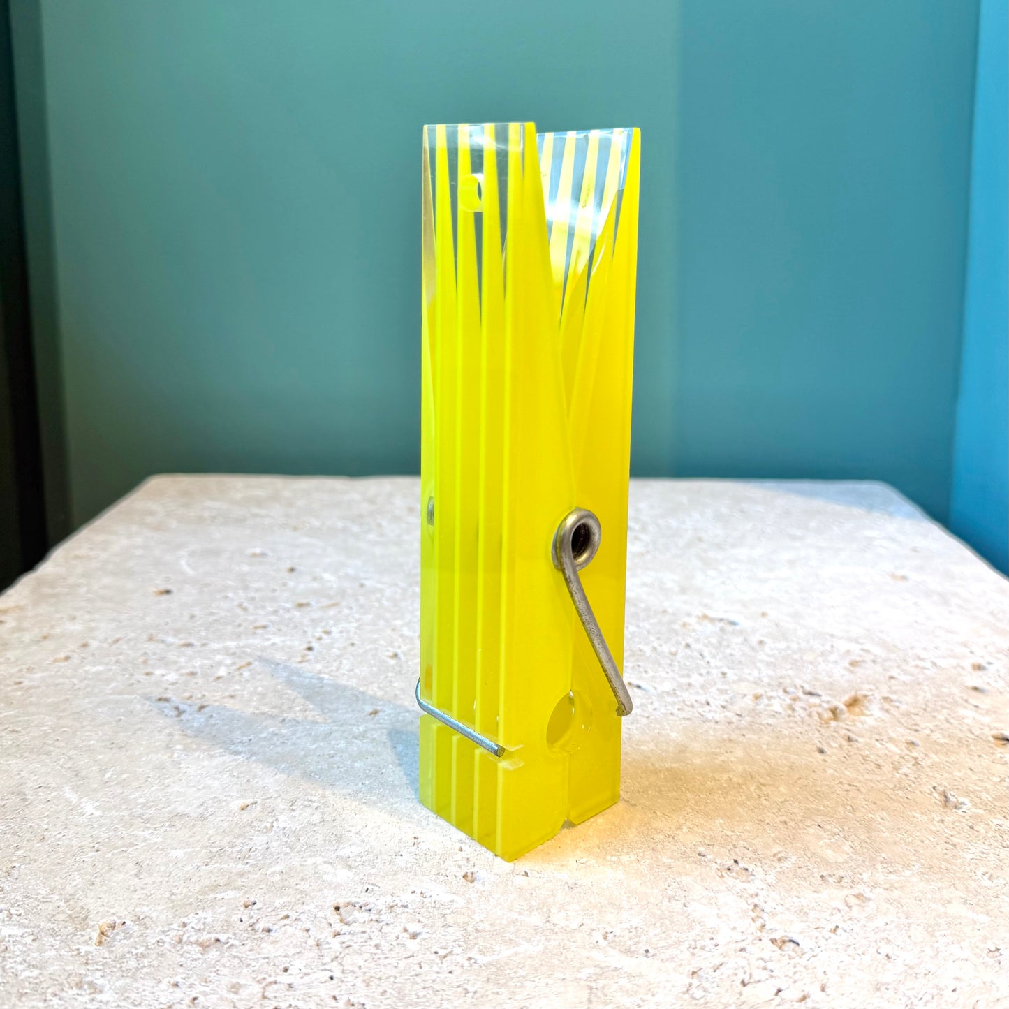 Vintage Mid Century Modern Oversized Bright Yellow Acrylic Clothespin Paperweight