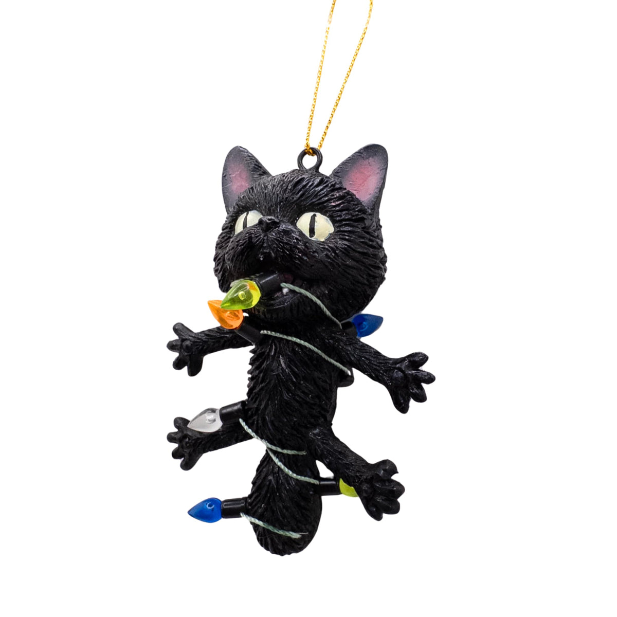 Shocked Black Cat Wrapped in Lights Ornament