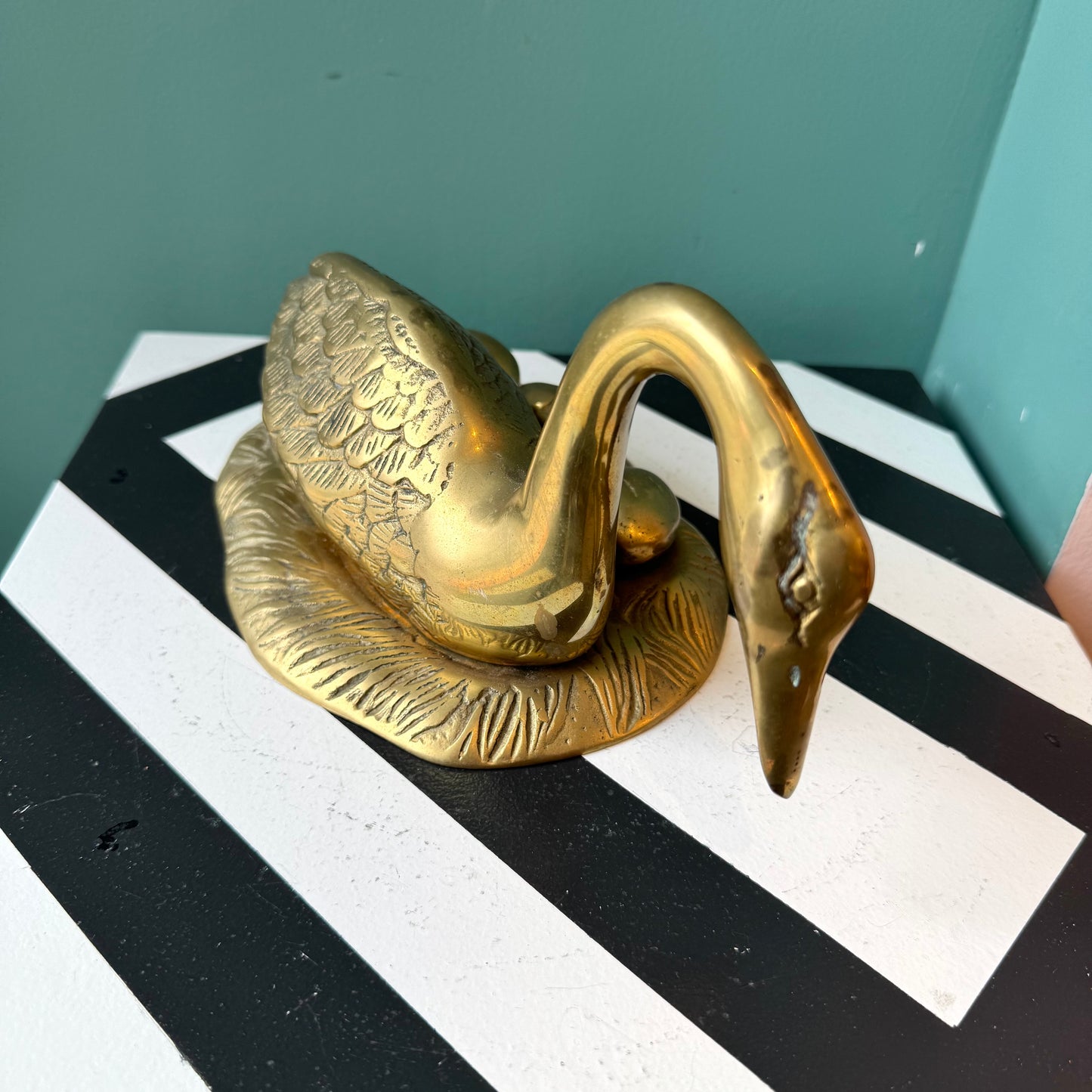 Vintage Brass Duck With Chick and Eggs