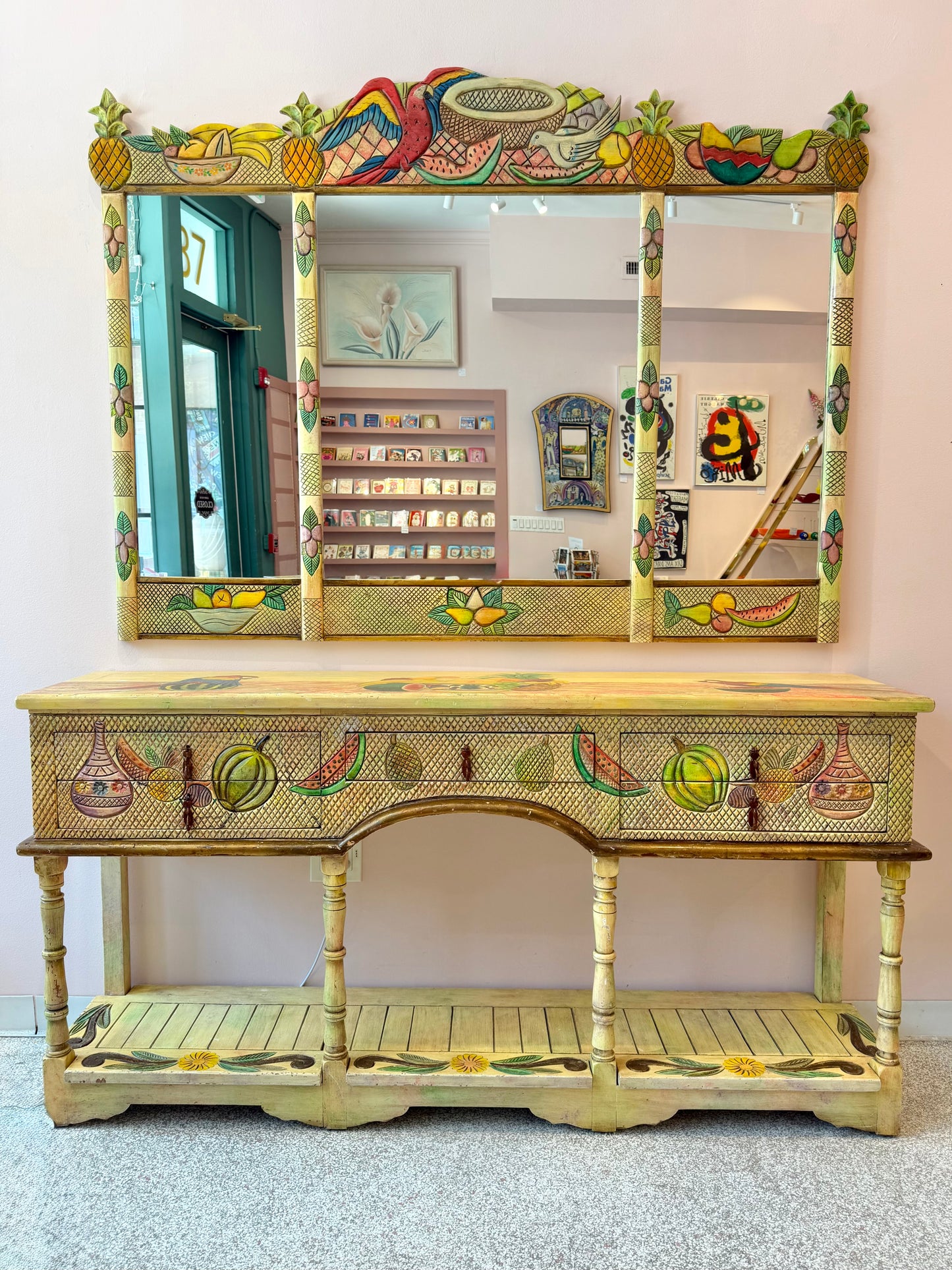 Vintage Hand Crafted Mexican Console and Mirror Set by Diseños Caaesa