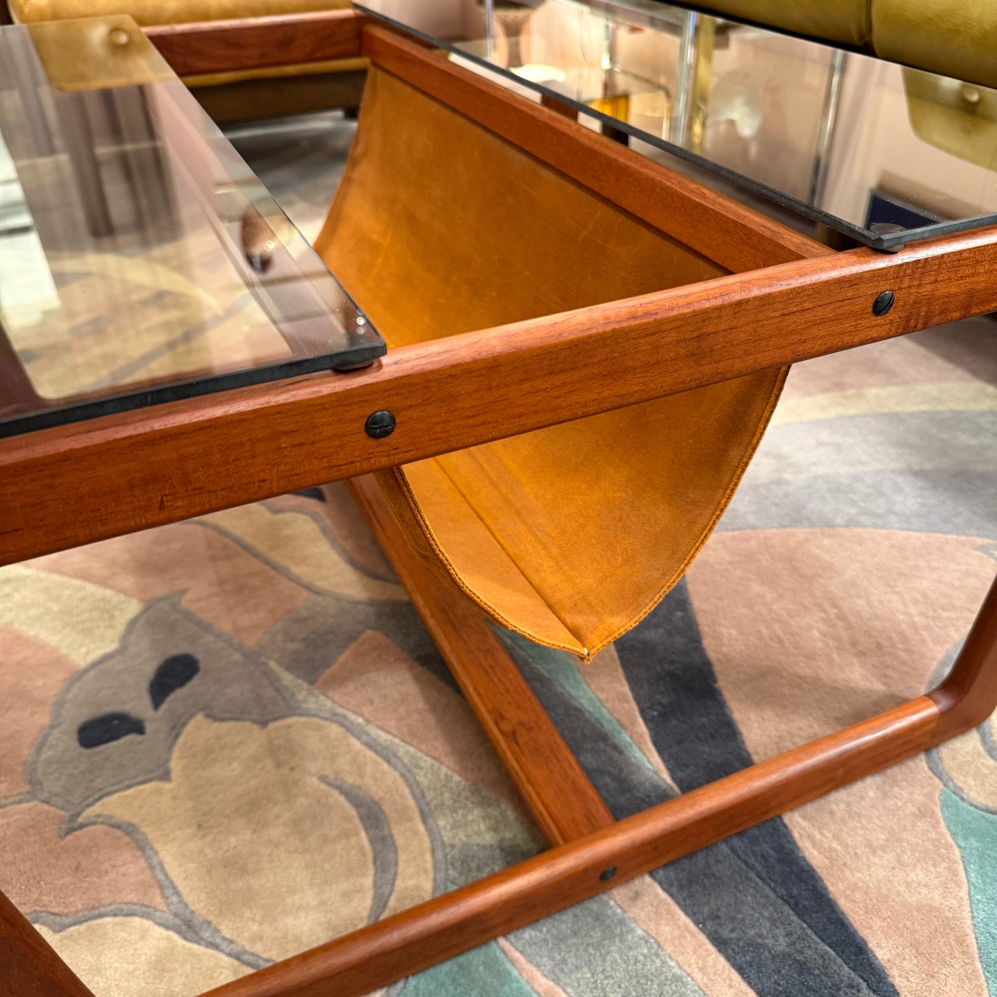 Vintage Lou Hodges Style Teak and Smoked Glass Coffee Table with Magazine Holder