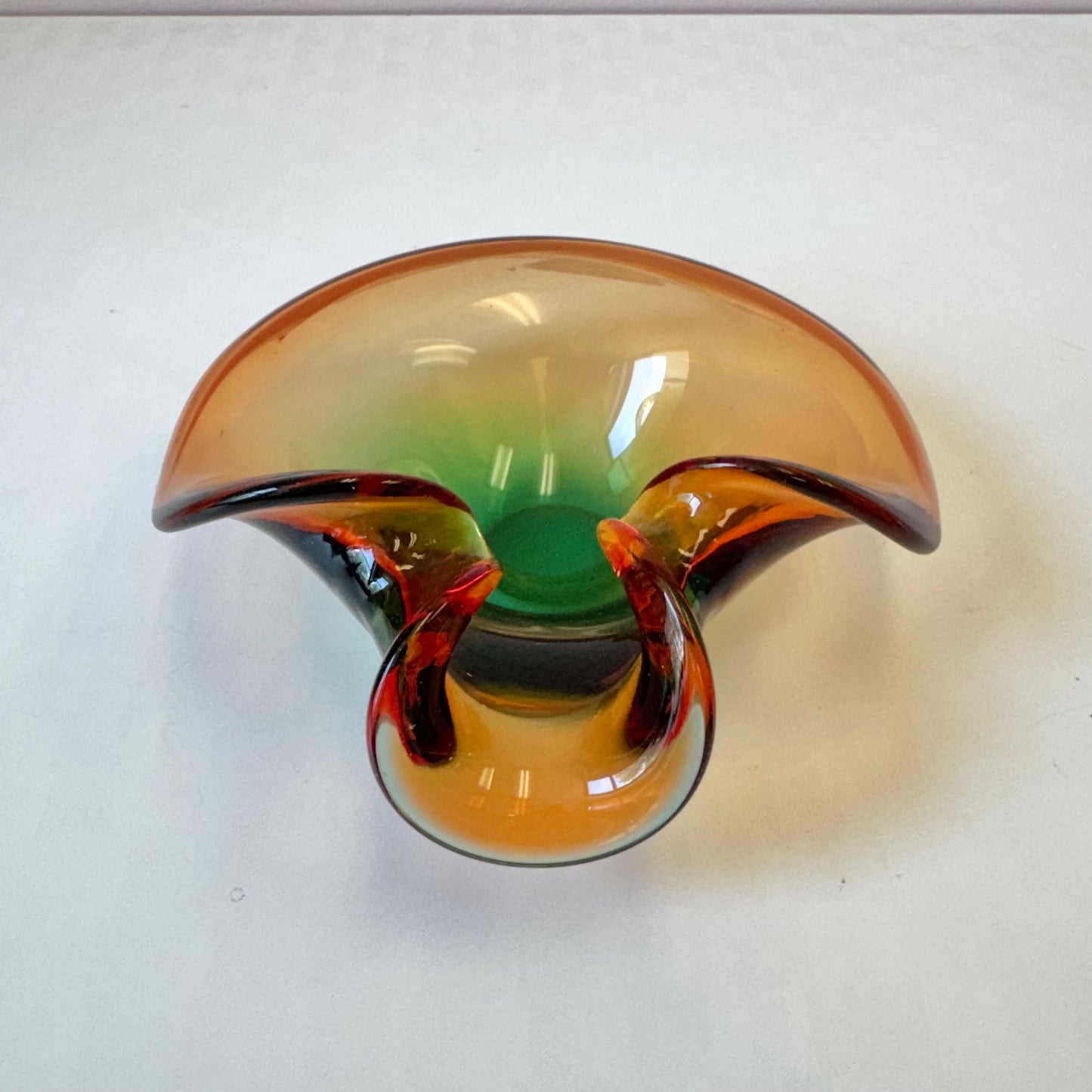Vintage Murano Glass Style Curled Edge Green and Orange Sommerso Catchall Bowl