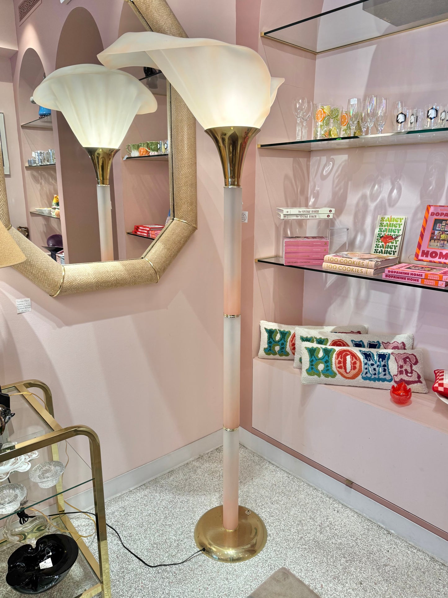 Vintage Pink Lucite Floor Lamp with Large Calla Lily Flower Shade