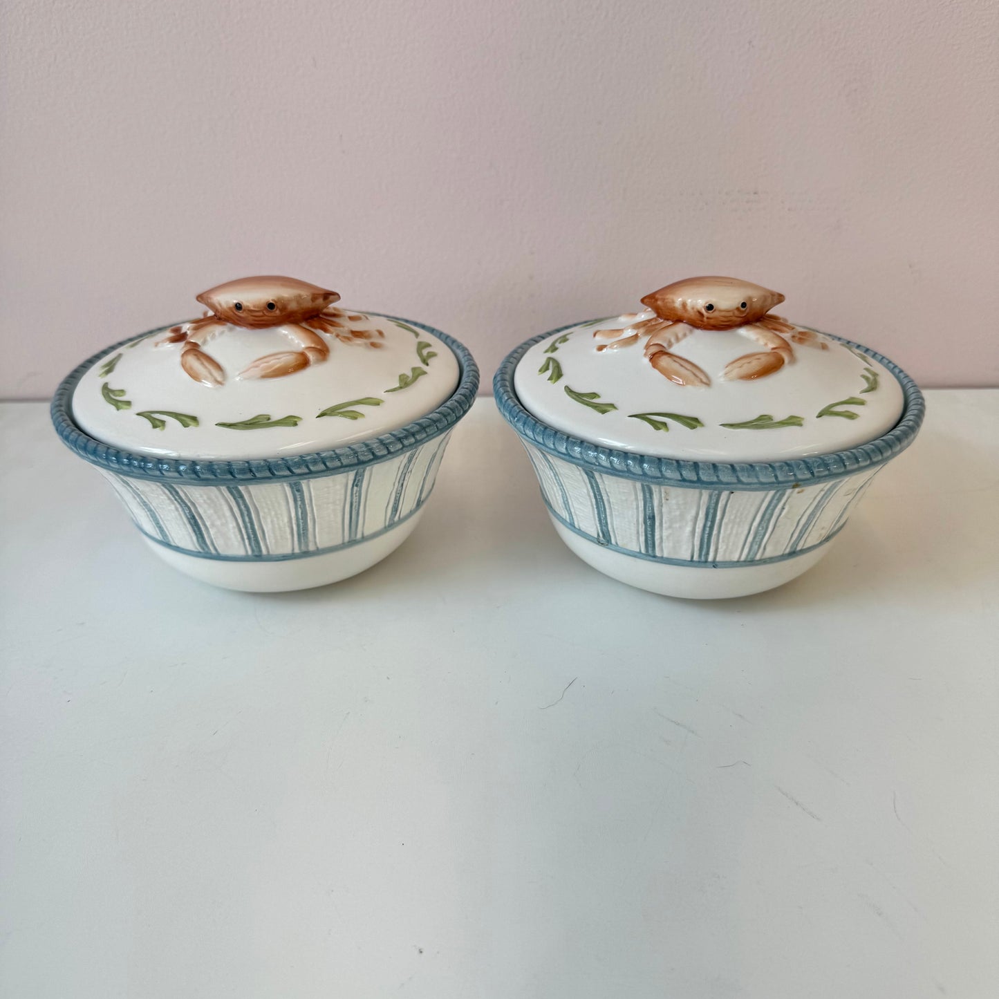 Vintage Pair of Ceramic Crab Lidded Bowls by Fitz & Floyd