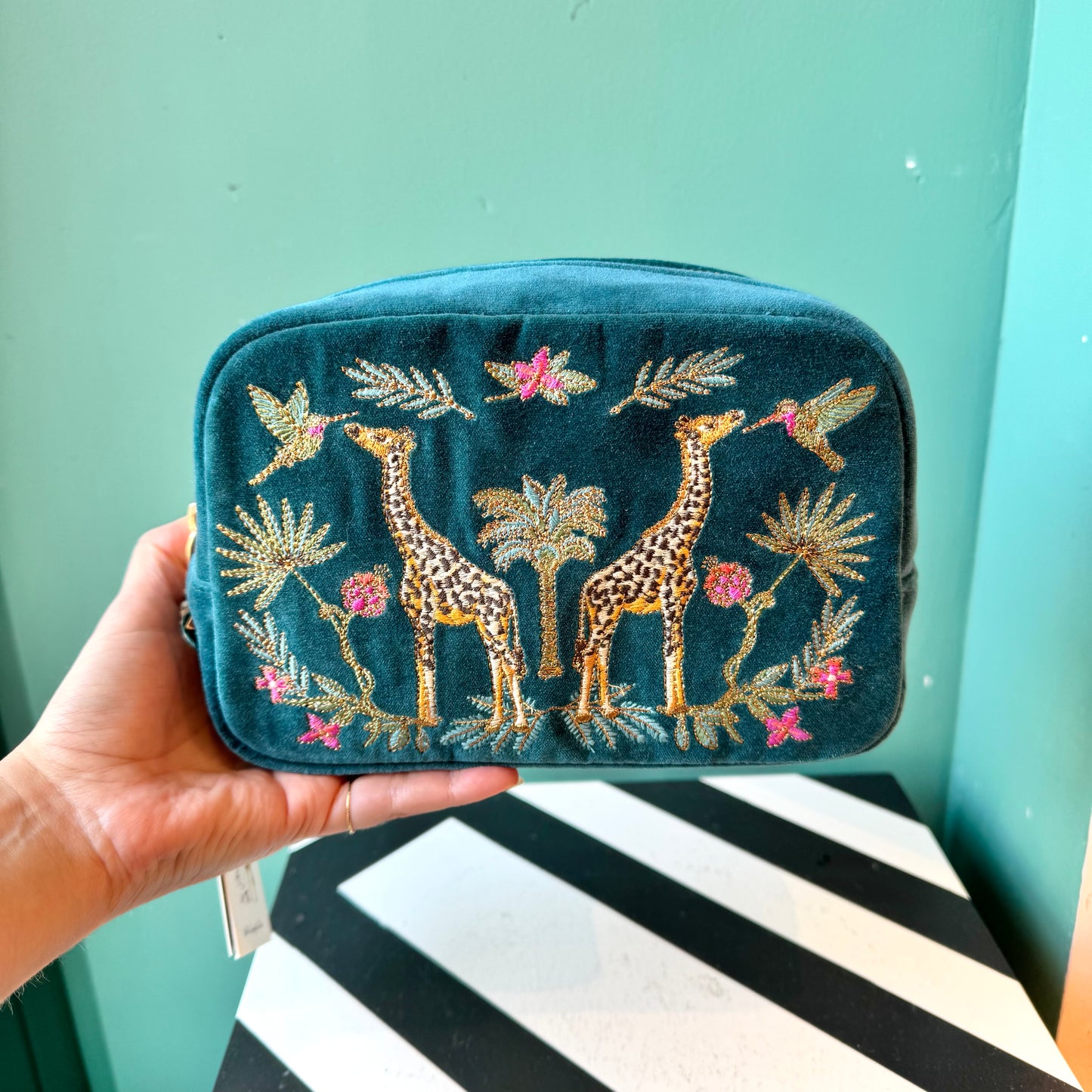 Rich Blue Wild Giraffe Palm Makeup Bag by Elizabeth Scarlett