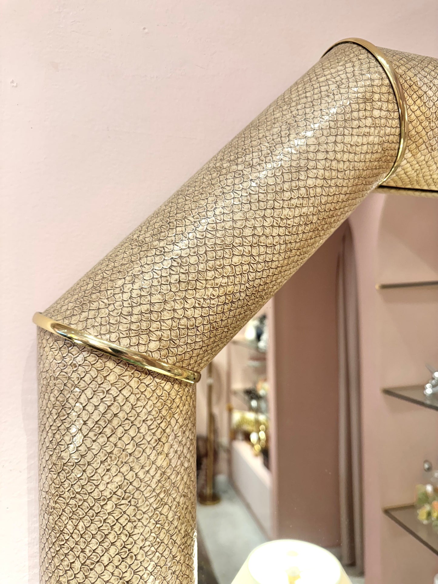 Vintage Faux Snakeskin and Brass Octagonal Bullnose Mirror