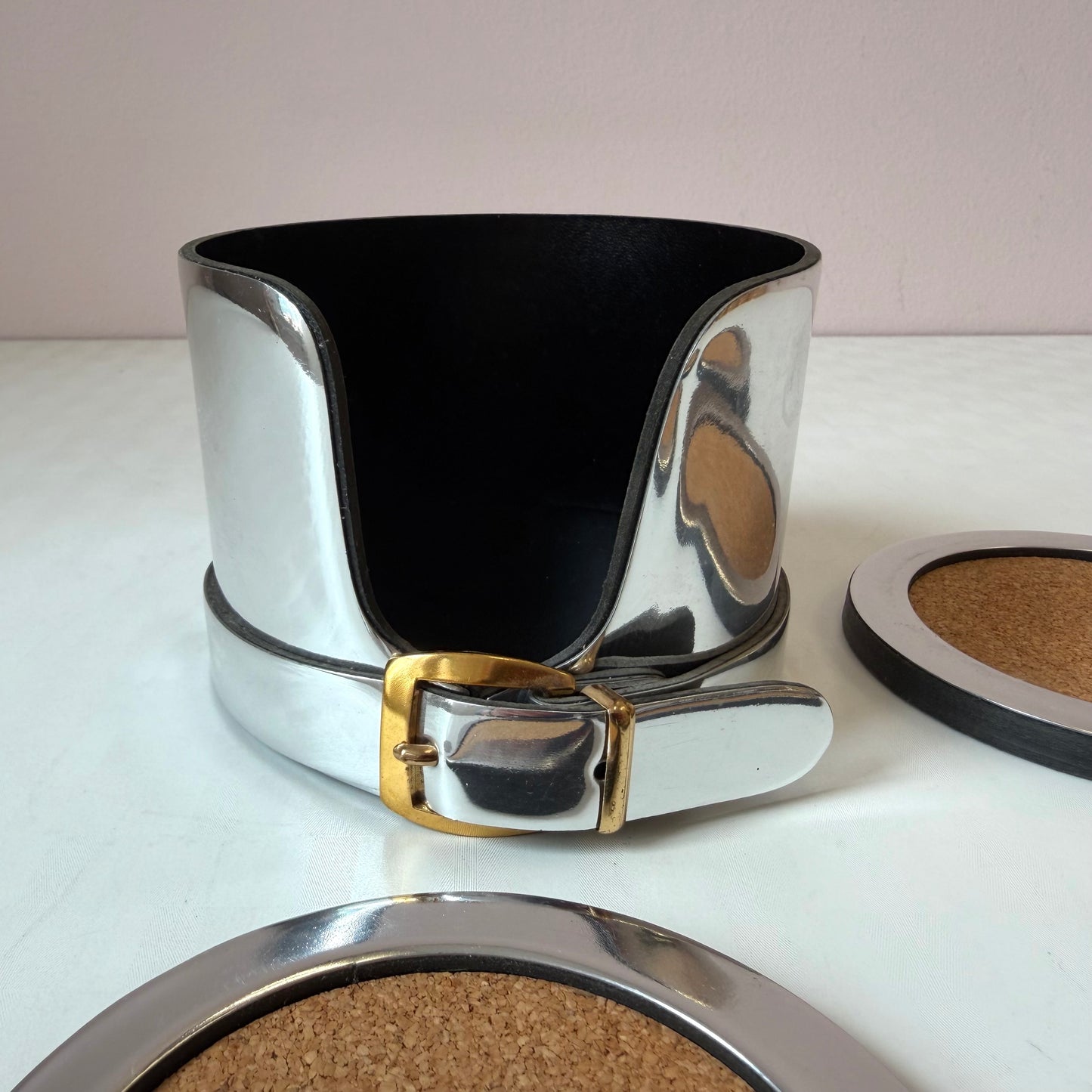 Vintage Mid Century Silver Belt Buckle Coaster Set with Caddy