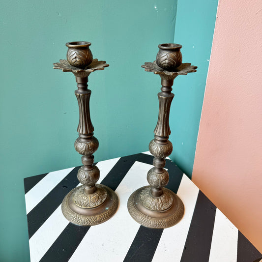 Vintage Pair Ornate Brass Candle Holders