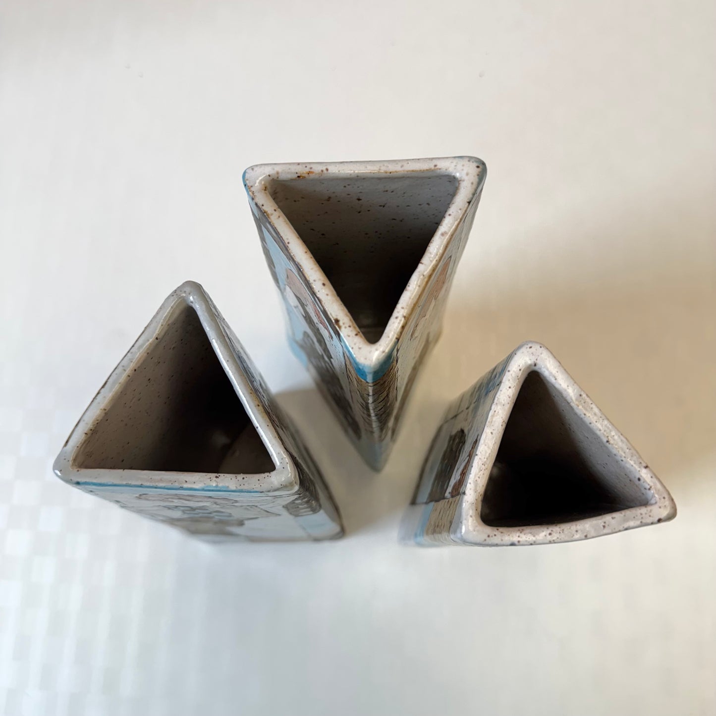 Set of 3 Vintage Triangular Clay Female Figure Vases