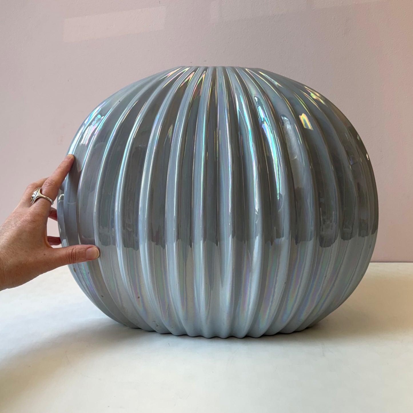 Vintage Pale Blue Opalescent Ribbed Vase