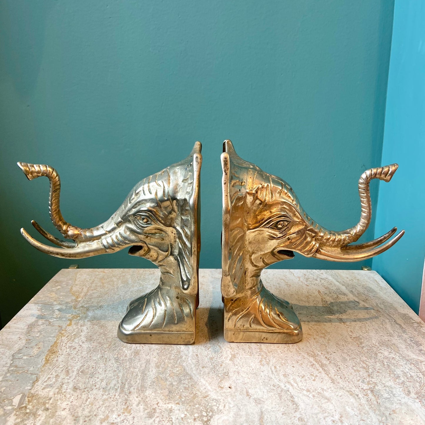 Pair of Solid Brass Elephant Head Bookends