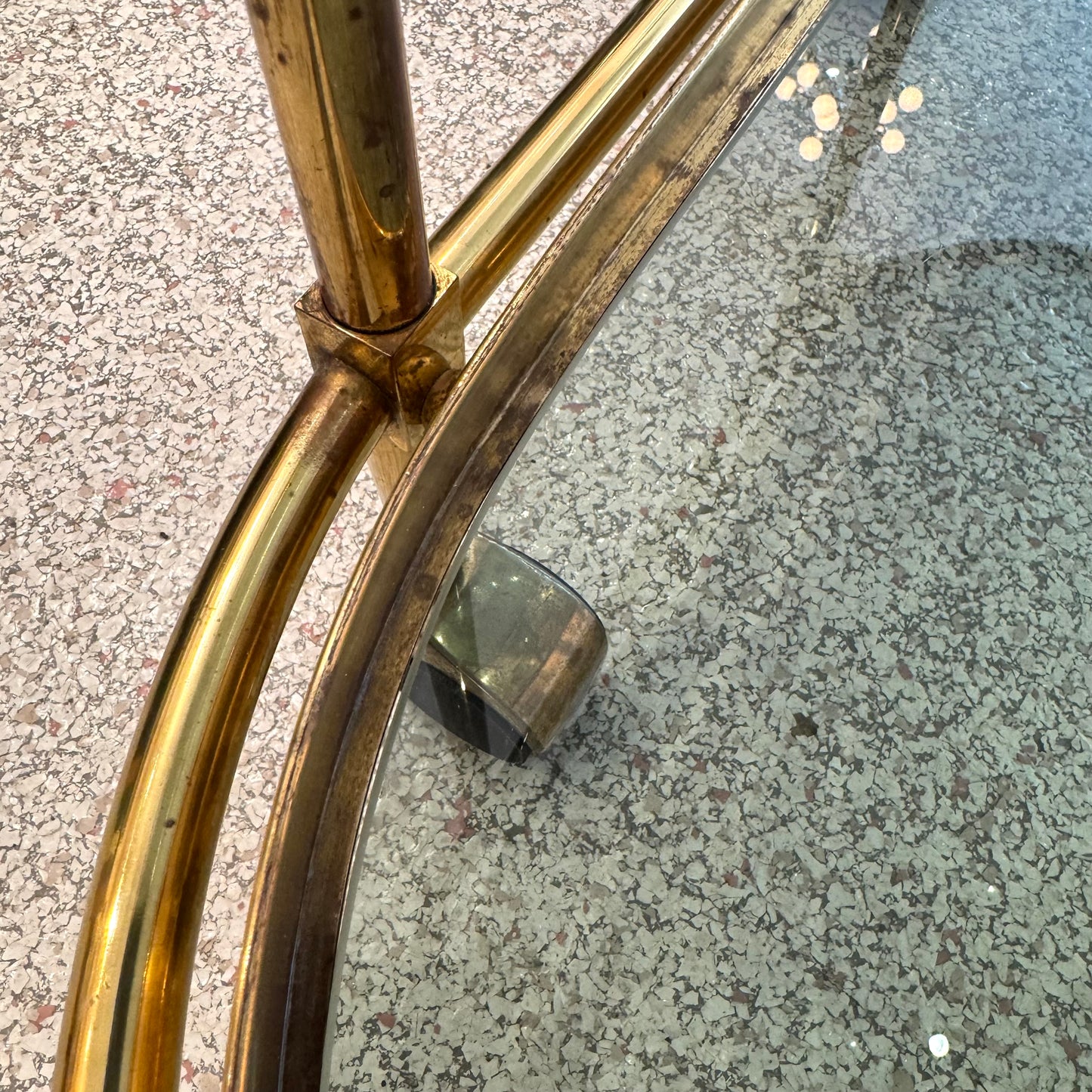 Vintage Oval Brass and Smoked Glass Rolling Bar Cart