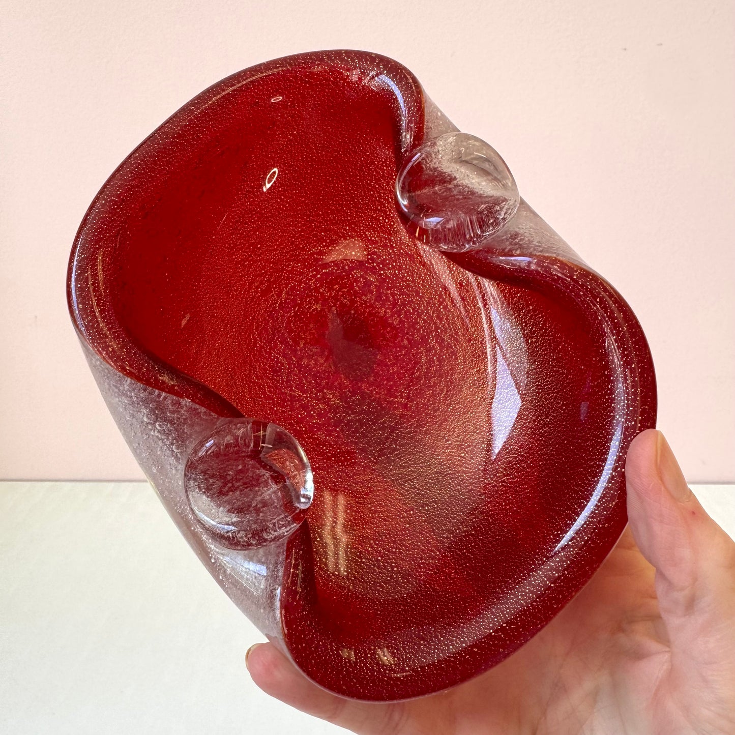 Vintage Pinch Edged Red Bullicante Glass Bowl with Gold Flecks