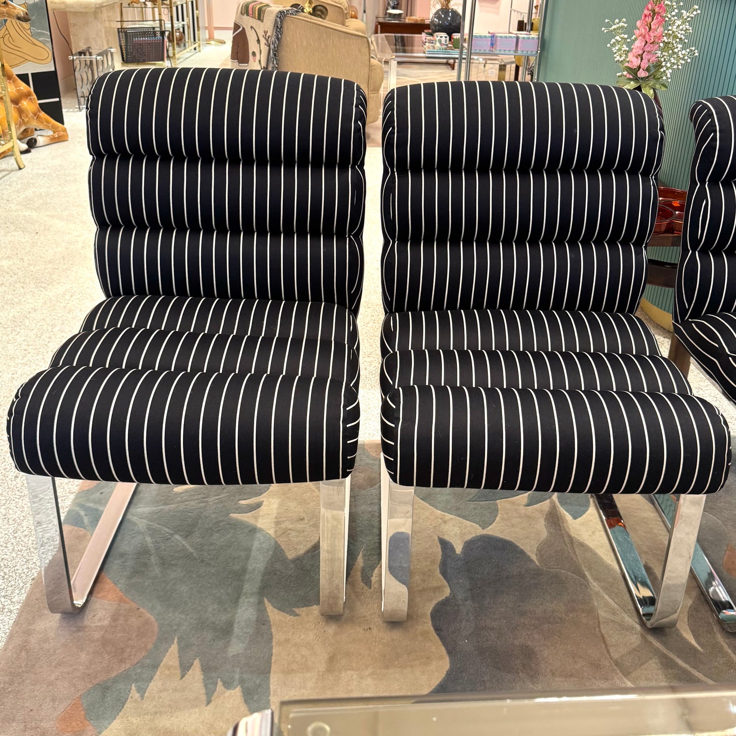 Set of Four 1970's Pace Collection Mariani Lugano Cantilever Dining Chairs in Black/White Stripe
