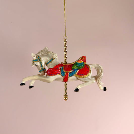Resin White and Red Carousel Horse Ornament