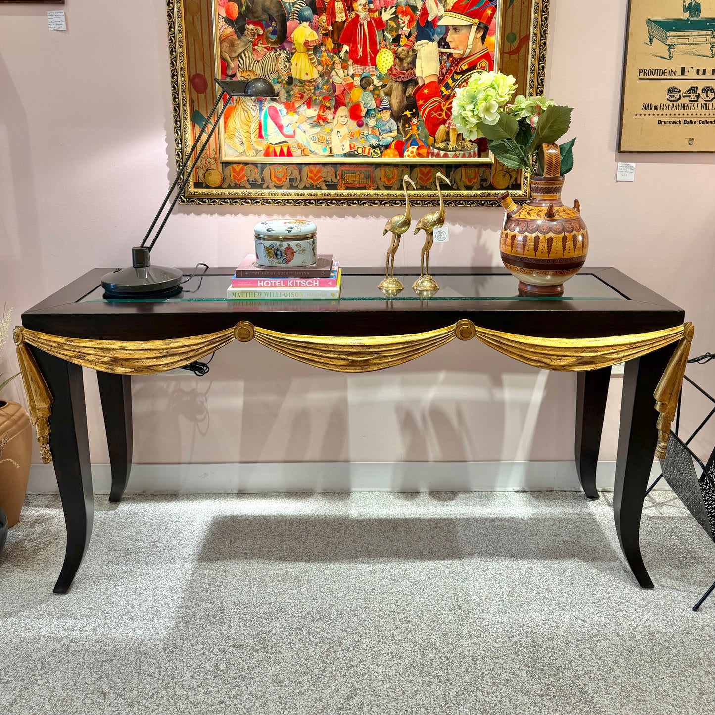 Vintage Dark Wood Console with Gold Gilt Draped Valance Detail