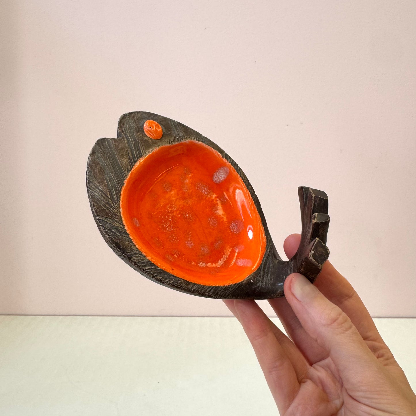 Pair of Mid Century Orange Glazed Ceramic Fish Catchall Dishes