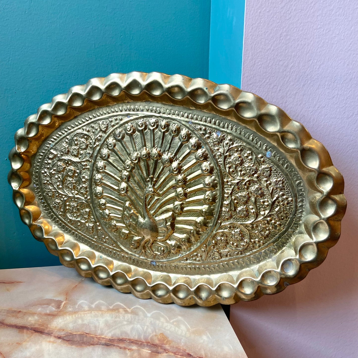 Vintage Brass Peacock Embossed Decorative Tray/Wall Hanging