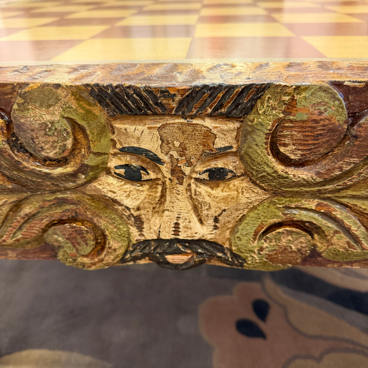 Vintage Mid-Century Carved Chess Board Coffee Table with Chess Pieces