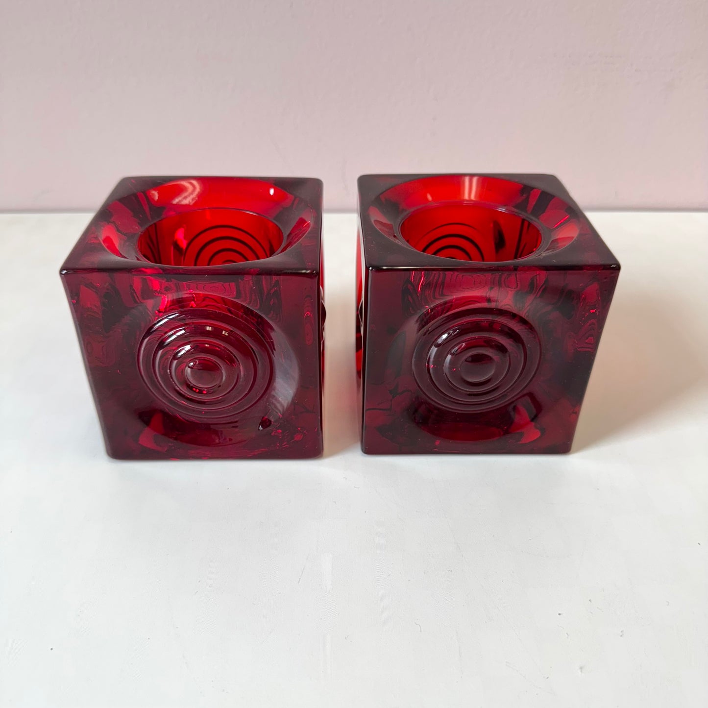 Vintage Pair of Ruby Red Viking Glass Company "Bullseye" Cube Candle Holders