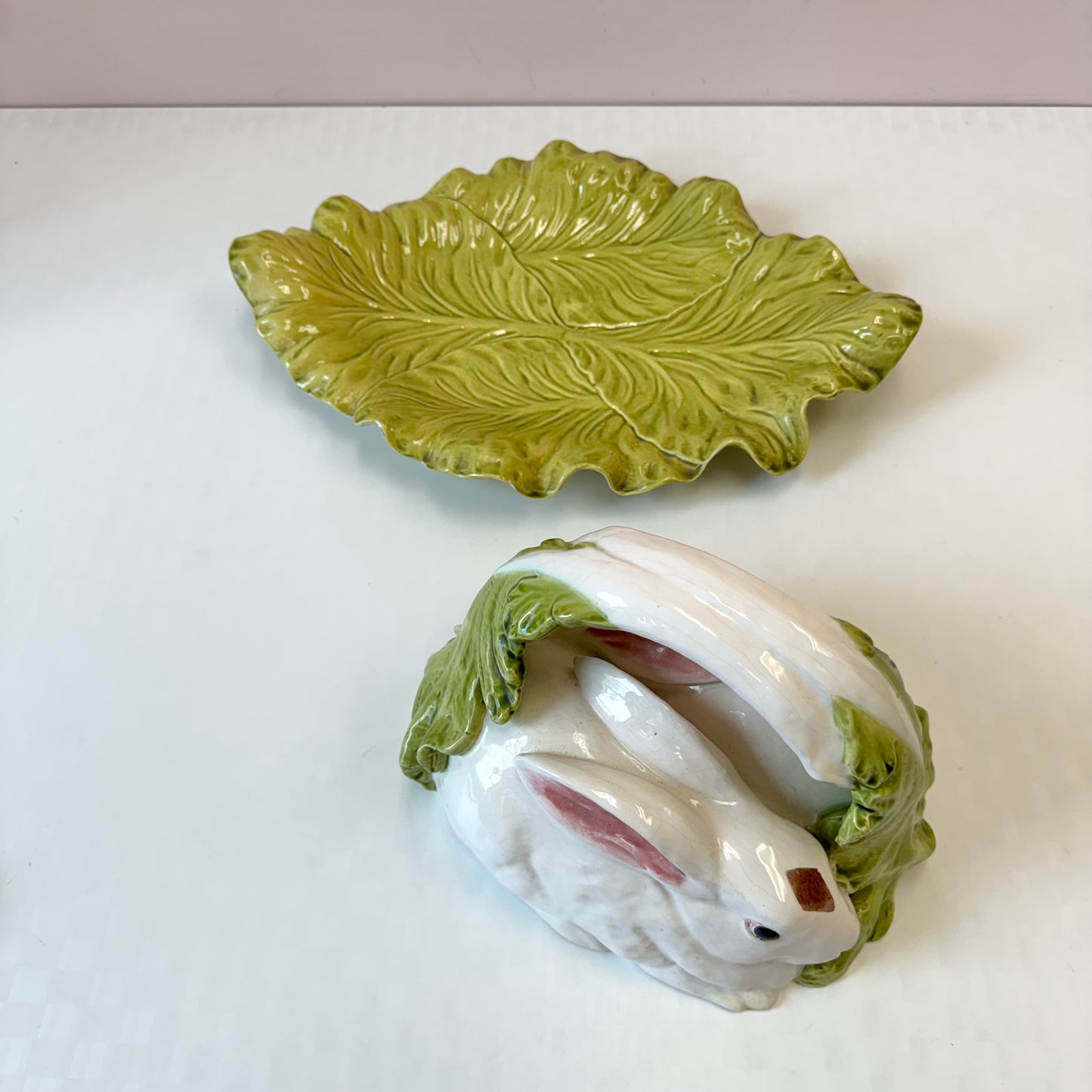 Vintage Bordallo Pinheiro Majolica Rabbit and Lettuce Leaf Covered Platter