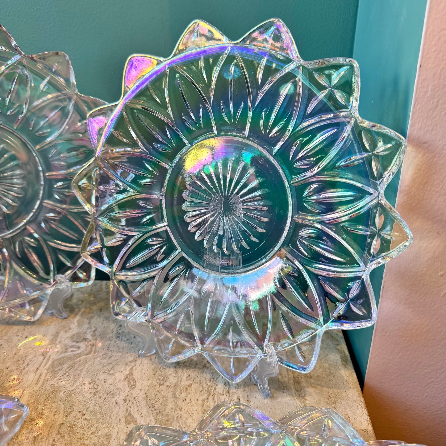 Set of 6 Iridescent Lotus Federal Glass Plates