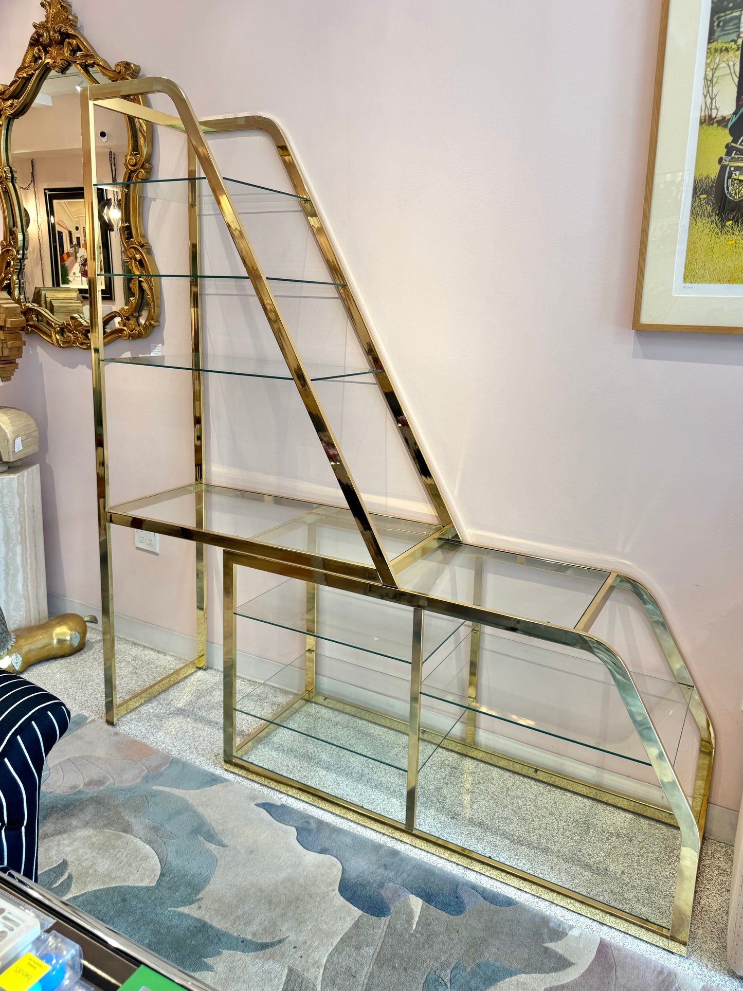 Vintage Asymmetrical Brass and Glass Etagere by DIA