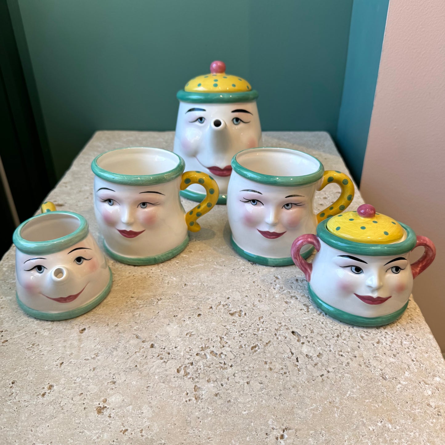 Vintage 5 Piece Tea Set “Coffee Break” by Clay Art San Francisco, Dated 1993