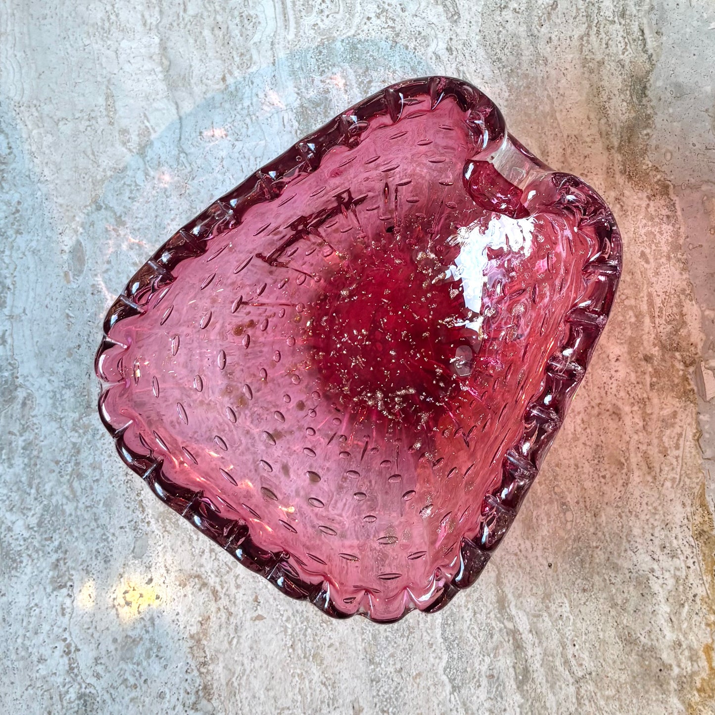 Vintage Scallop Edged Pink Bullicante Glass Bowl with Gold Leaf