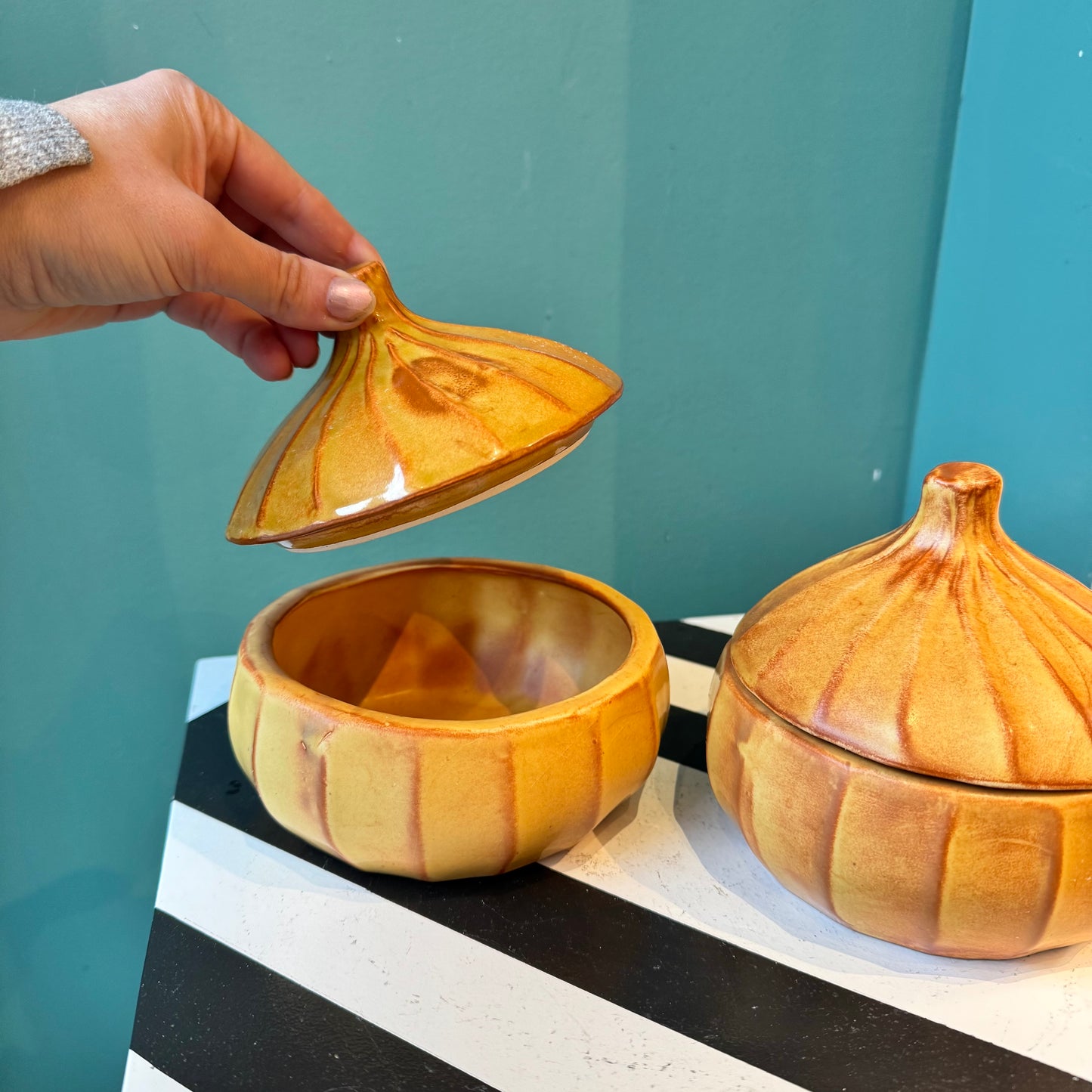 Pair of Vintage Ceramic Onions Bowls with Lids